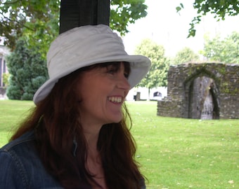 White ladies linen sun hat. The Summer Staverton is a ladies small brimmed summer hat, womens hat.