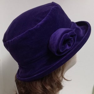 Purple velvet Freda hat for ladies. Winter hat for women with matching rose.