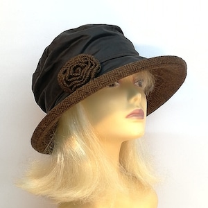 Brown tweed rain hat for ladies. English tweed and brown wax waterproof hat with matching rose.