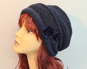 Navy blue baggy beanie for ladies, navy fleece inside with navy sherpa fleece outer for women.