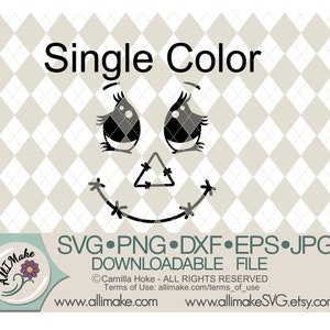 May include: Black and white digital design of a cartoon scarecrow face with the text "Single Color" above the image and "SVG&bull;PNG&bull;DXF&bull;EPS&bull;JPG DOWNLOADABLE FILE" below the image. The text "Camilla Hoke - ALL RIGHTS RESERVED" is below the file type description. The text "Terms of Use: allimake.com/terms_of_use" is below the copyright information. The text "www.allimake.com" is on the left side of the image and the text "www.allimakeSVG.etsy.com" is on the right side of the image.