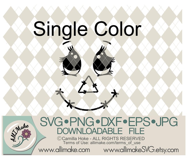 May include: Black and white digital design of a cartoon scarecrow face with the text "Single Color" above the image and "SVG&bull;PNG&bull;DXF&bull;EPS&bull;JPG DOWNLOADABLE FILE" below the image. The text "Camilla Hoke - ALL RIGHTS RESERVED" is below the file type description. The text "Terms of Use: allimake.com/terms_of_use" is below the copyright information. The text "www.allimake.com" is on the left side of the image and the text "www.allimakeSVG.etsy.com" is on the right side of the image.