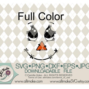 May include: Full Color SVG, PNG, DXF, EPS, JPG downloadable file of a cute cartoon scarecrow face with big eyes, eyelashes, a triangle nose, and a stitched smile.
