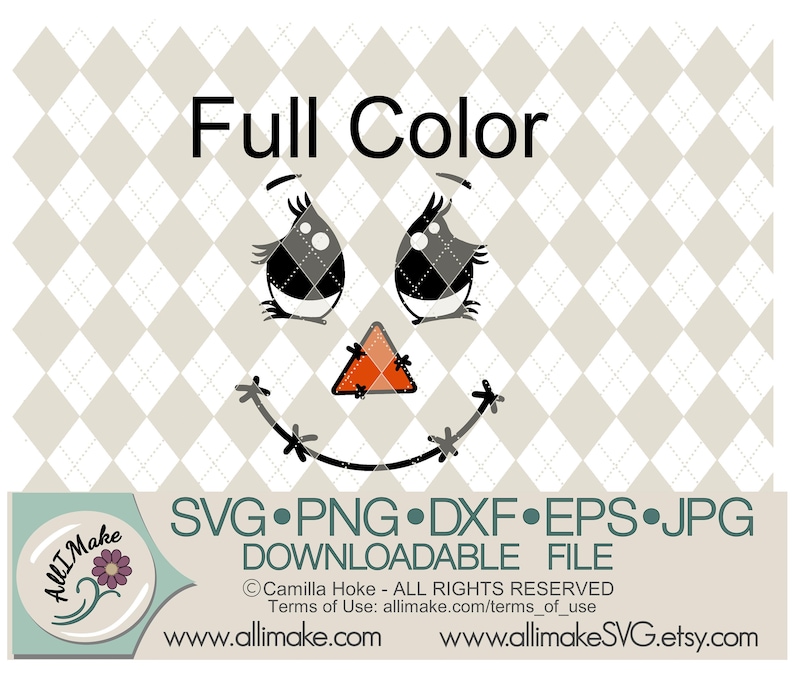 May include: Full Color SVG, PNG, DXF, EPS, JPG downloadable file of a cute cartoon scarecrow face with big eyes, eyelashes, a triangle nose, and a stitched smile.