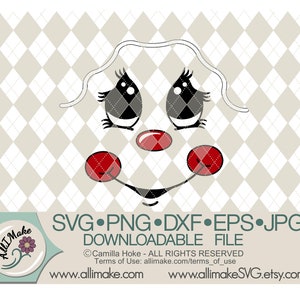 May include: A digital download of a cute cartoon face with black eyes, red cheeks, and a white hair bow. The image is on a grey and white checkered background. The text "SVG.PNG.DXF.EPS.JPG DOWNLOADABLE FILE" is at the bottom of the image.