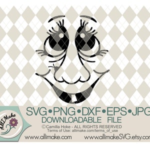 May include: Black and white digital illustration of a cartoon face with large eyes, a wide smile, and a single tooth missing. The image is on a white and gray checkered background. The text "SVG.PNG.DXF.EPS.JPG DOWNLOADABLE FILE" is at the bottom of the image. The text "Camilla Hoke - ALL RIGHTS RESERVED" is below the file type text. The text "Terms of Use: allimake.com/terms_of_use" is below the copyright text. The text "www.allimake.com www.allimakeSVG.etsy.com" is at the bottom of the image.
