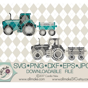 Puede incluir: Dos archivos de corte SVG de tractores, uno en verde azulado y otro en gris, con un vagón detrás de cada uno. El tractor verde azulado tiene un contorno negro y el tractor gris tiene un contorno blanco. Los vagones son ambos grises con contornos negros.