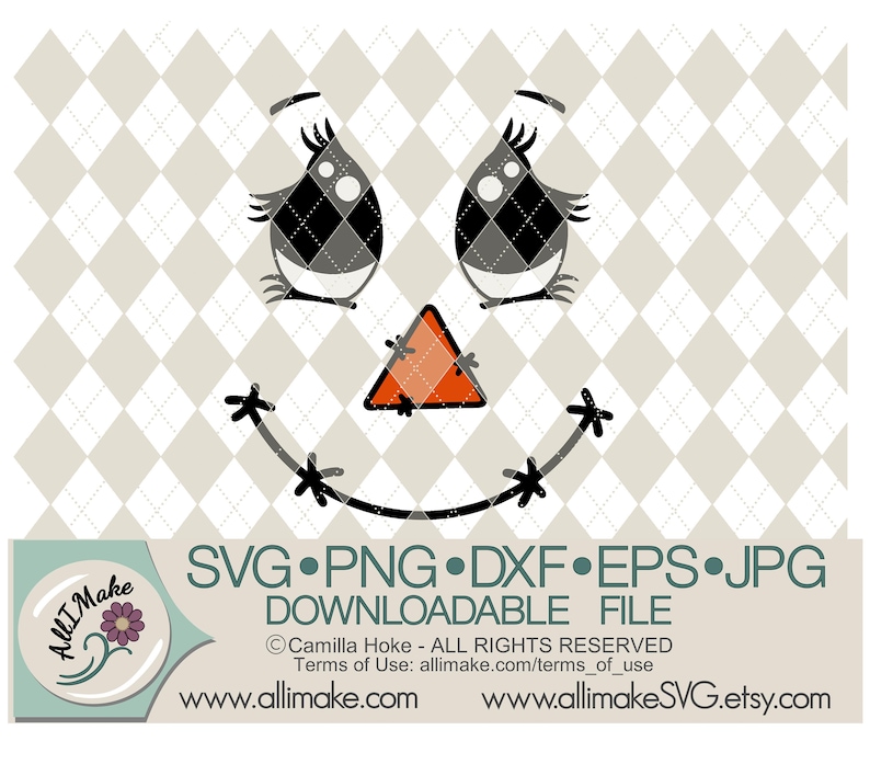 May include: A digital design of a cute cartoon scarecrow face with black eyes, eyelashes, and a stitched smile. The scarecrow has a triangular orange nose. The design is on a white and gray checkered background. The text "SVG.PNG.DXF.EPS.JPG DOWNLOADABLE FILE" is at the bottom of the image.