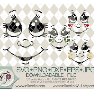 May include: Three black and white cartoon faces with different eye embellishments. The first face has closed eyes, the second face has green shamrocks, and the third face has gold stars.
