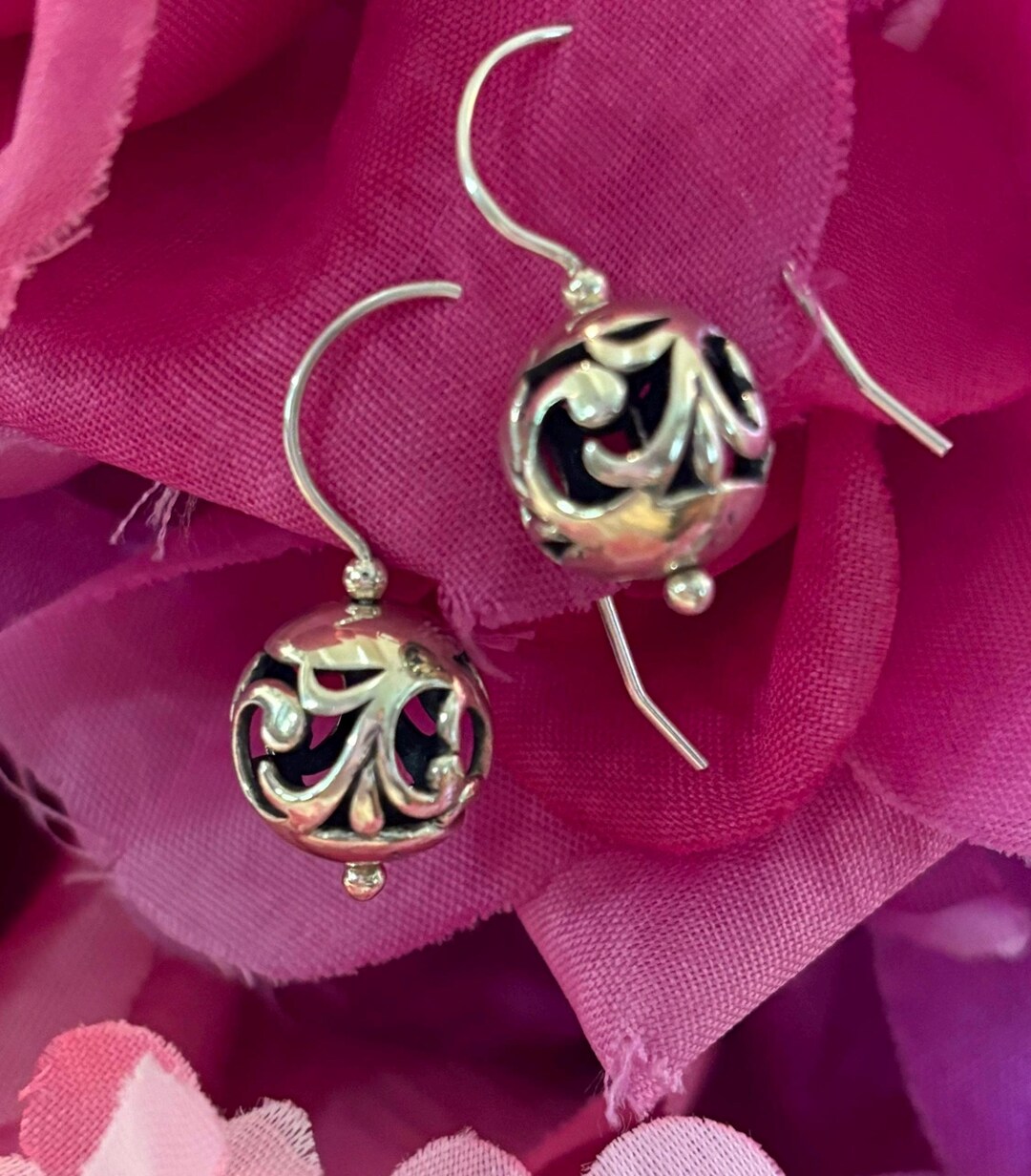 Silver Ball Dangle Earrings - 4 Inch Long Filigree Dangle Earrings, Silver-Tone Statement Earrings