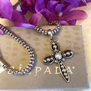 Silpada Sterling Silber Popcorn Halskette mit Perle Kreuz Anhänger N1106