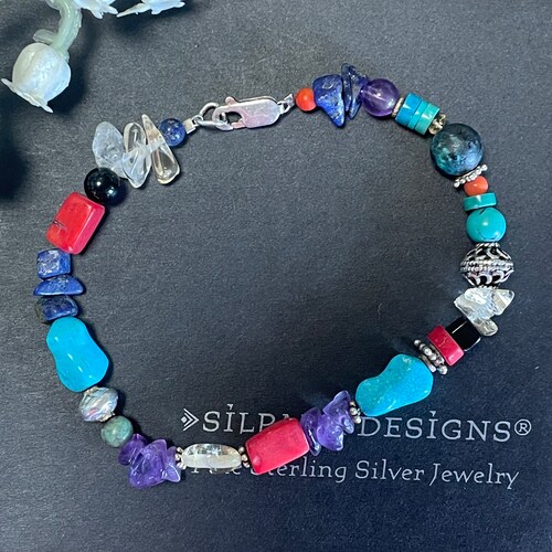 Silpada B0988 Lapis, Turquoise, Amethyst Red Coral, Citrine, Onyx and Sterling Silver shops Bead Bracelet