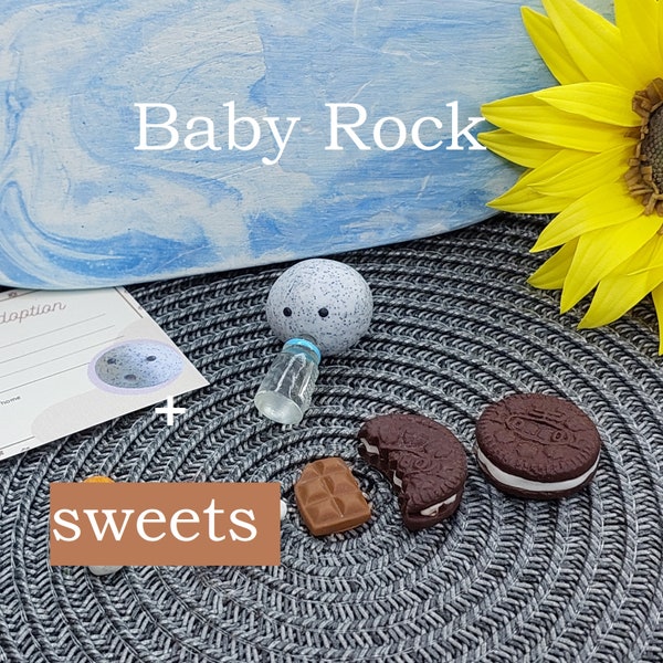 Baby-Rock mit Süßigkeiten + Adoptionsurkunde & Moos Box Home! Haustier zur emotionalen Unterstützung, Geschenk für Freunde, Holzkiste mit Moos nach Hause
