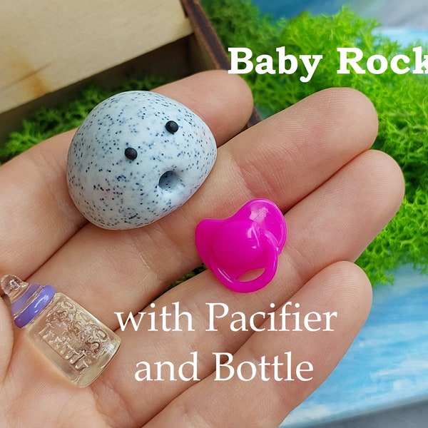 Baby Rock w/Pacifier and Bottle + Adoption Certificate & Moss Box Home! Emotional Support Pet, Gift for Friends, Wooden box with Moss Home