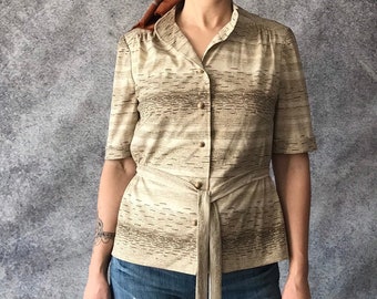 80s blouse jacket women, button blouse shirt, retro top blouse, elegant vintage short sleeve jacket, belted blouse, neutral top - size SMALL