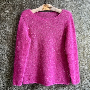 Pink mohair jumper top SMALL/MEDIUM size, Hand knitted blouse bright pink sparkle sequins, Extra light soft Kid Silk mohair sweater
