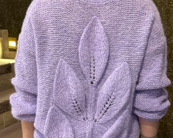 Pull violet Feuilles, Pull tricoté main en alpaga, Pull en tricot