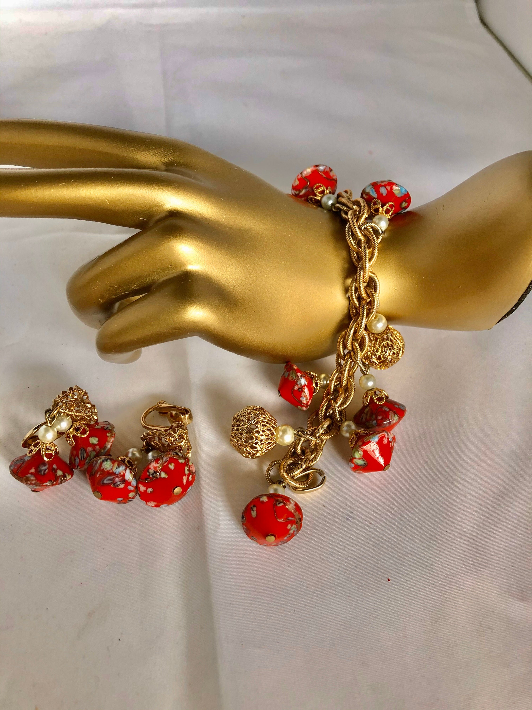 Vintage NAPIER Signed Red Art Glass Charm Bracelet and | Etsy
