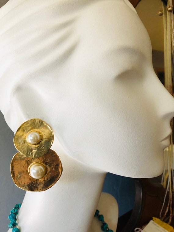 Huge 1980s Earrings With Faux Pearl Cabochons Les