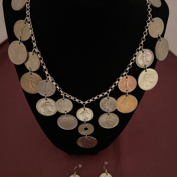 Foreign Coin Jewelry 19" 21 assorted French coins on cable chain with earrings (The French Connection) Collection