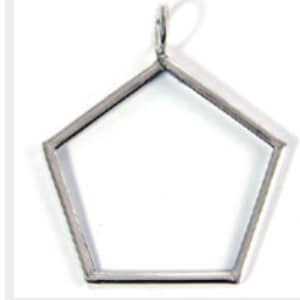 May include: Silver-toned metal pendant shaped like a pentagon with a loop at the top for attaching to a chain or cord.