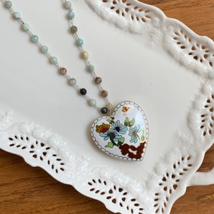 Blue & White Floral Cloisonné and Mixed Stone Necklace, Long