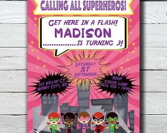 Girl Superhero Invitation, Superhero Party, Girl Super Hero, Girl Superhero Birthday, Girl Superhero Invite, Superhero Invite