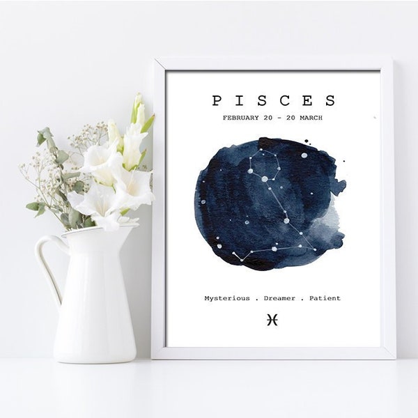 Pisces Sign Zodiac Framed Wall Print, Horoscope Constellation Printable, Instant Download