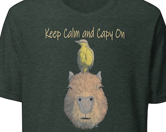 Divertente camicia da capibara / Mantieni la calma e Capy On / Capibara con uccello / Uccello tiranno del bestiame / Camicia della natura