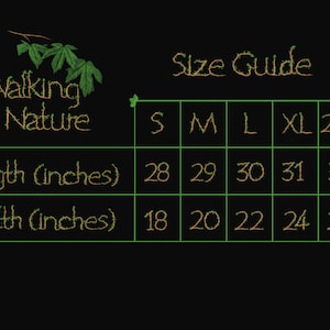 May include: Size guide for clothing with measurements in inches. The chart shows the length and width of clothing in sizes S, M, L, XL, and 2XL.
