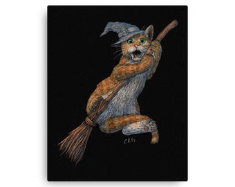 Funny Cat Falling Off a Broomstick Halloween Art Print