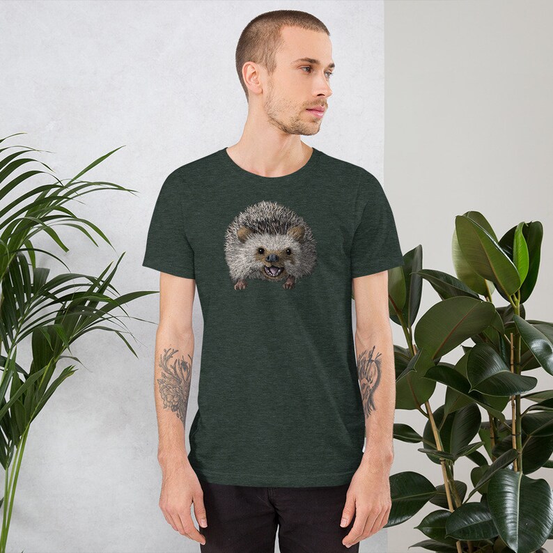 Peut inclure: Un t-shirt vert fonc&eacute; avec une image de dessin anim&eacute; d'un h&eacute;risson avec un sourire narquois. Le h&eacute;risson est brun et gris avec un ventre blanc.