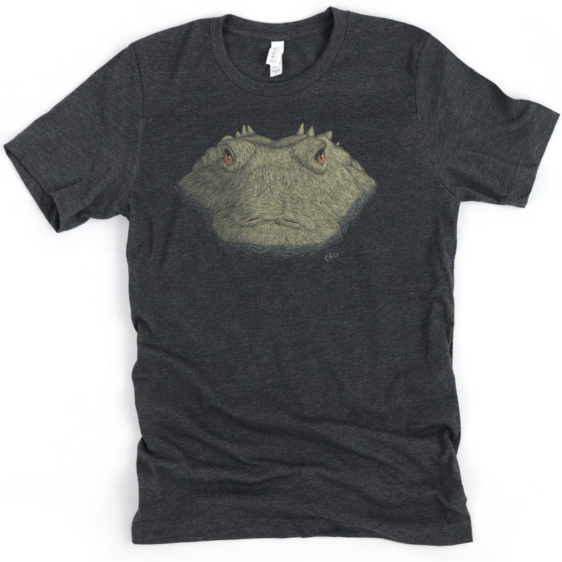 May include: Dark gray t-shirt featuring a detailed illustration of a reptile's head with red eyes. The artwork is centered on the shirt and has a textured appearance. The shirt is made of a soft material.
