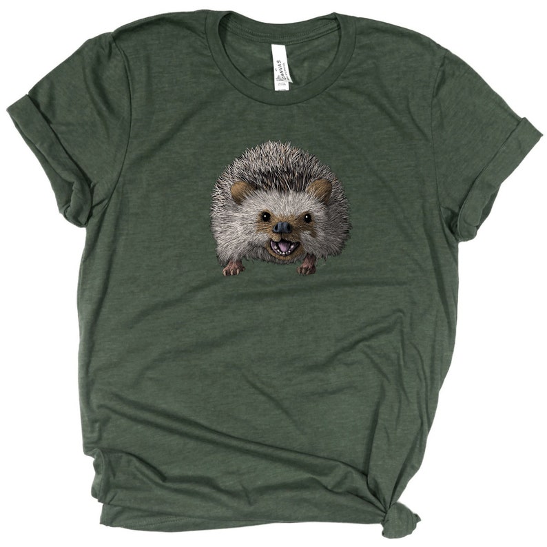 Peut inclure: Un t-shirt vert avec une illustration de dessin anim&eacute; d'un h&eacute;risson avec un sourire narquois.