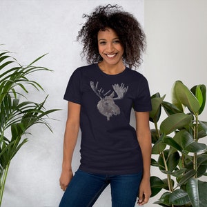 May include: A navy blue short-sleeved t-shirt with a white graphic of a moose head with antlers.