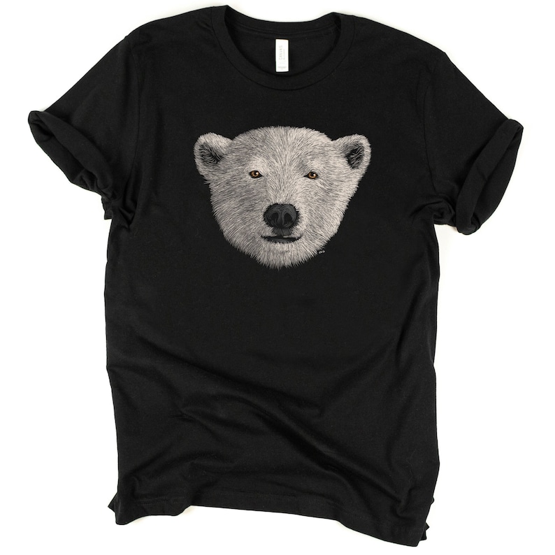 May include: A black t-shirt with a white polar bear face graphic printed on the front.