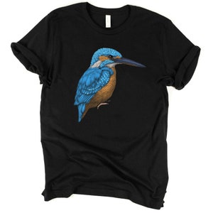 May include: A black t-shirt with a blue and brown kingfisher bird illustration.