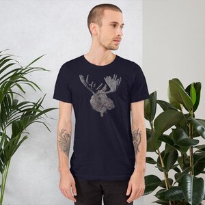 May include: A navy blue t-shirt with a graphic of a moose head in a vintage style.