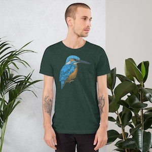 May include: A dark green t-shirt with a blue and brown kingfisher bird graphic.