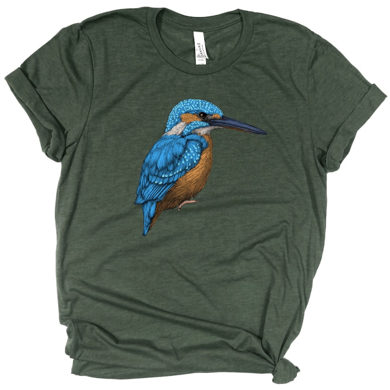 May include: A green t-shirt with a blue and brown kingfisher bird illustration.