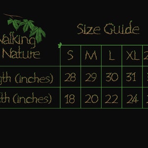 May include: Size guide for clothing with measurements in inches. The chart shows the length and width of clothing in sizes S, M, L, XL, and 2XL.