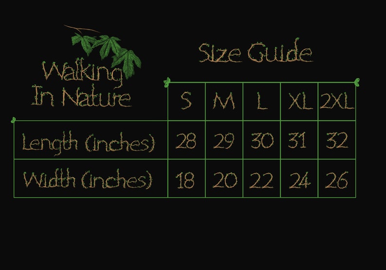 May include: Size guide for clothing with measurements in inches. The chart shows the length and width of clothing in sizes S, M, L, XL, and 2XL.