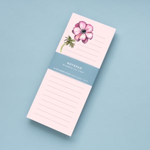 Notepad | Pink Anemone Flower Lined Note Sheets | 3.5&quot; x 8.5&quot; | 50 Sheets