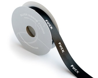 Satin Gift Ribbon - Fuck - Black with Silver Foil 5 Yard Spool | Sassy Gift Packaging | Gift Supplies | Swear Word Gift Ribbon