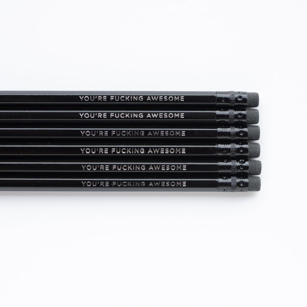 Pencil Set - You're Fucking Awesome - GLOSS BLACK (Set of 6) Silver Foil Stamped Inspirational Pencils