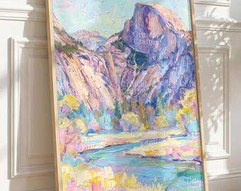 Stampa dell'Half Dome di Yosemite / Paesaggio montano impressionista, opera d'arte d'archivio