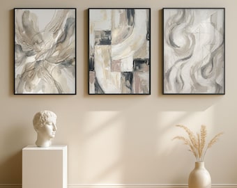 Set di 3 stampe astratte neutre / Quadri da parete con texture beige e grigia