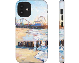 Cover per cellulare con dipinto del molo di Santa Monica / Arte impressionista del molo sulla spiaggia (doppia protezione)