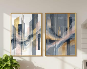 Set di 2 stampe geometriche astratte / Quadri da parete con accenti dorati neutri