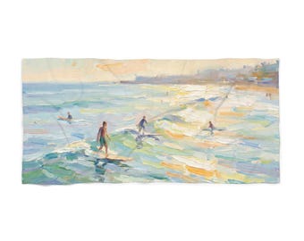 Telo mare con scena di surf a Malibu / Onde oceaniche impressioniste e paddleboarder